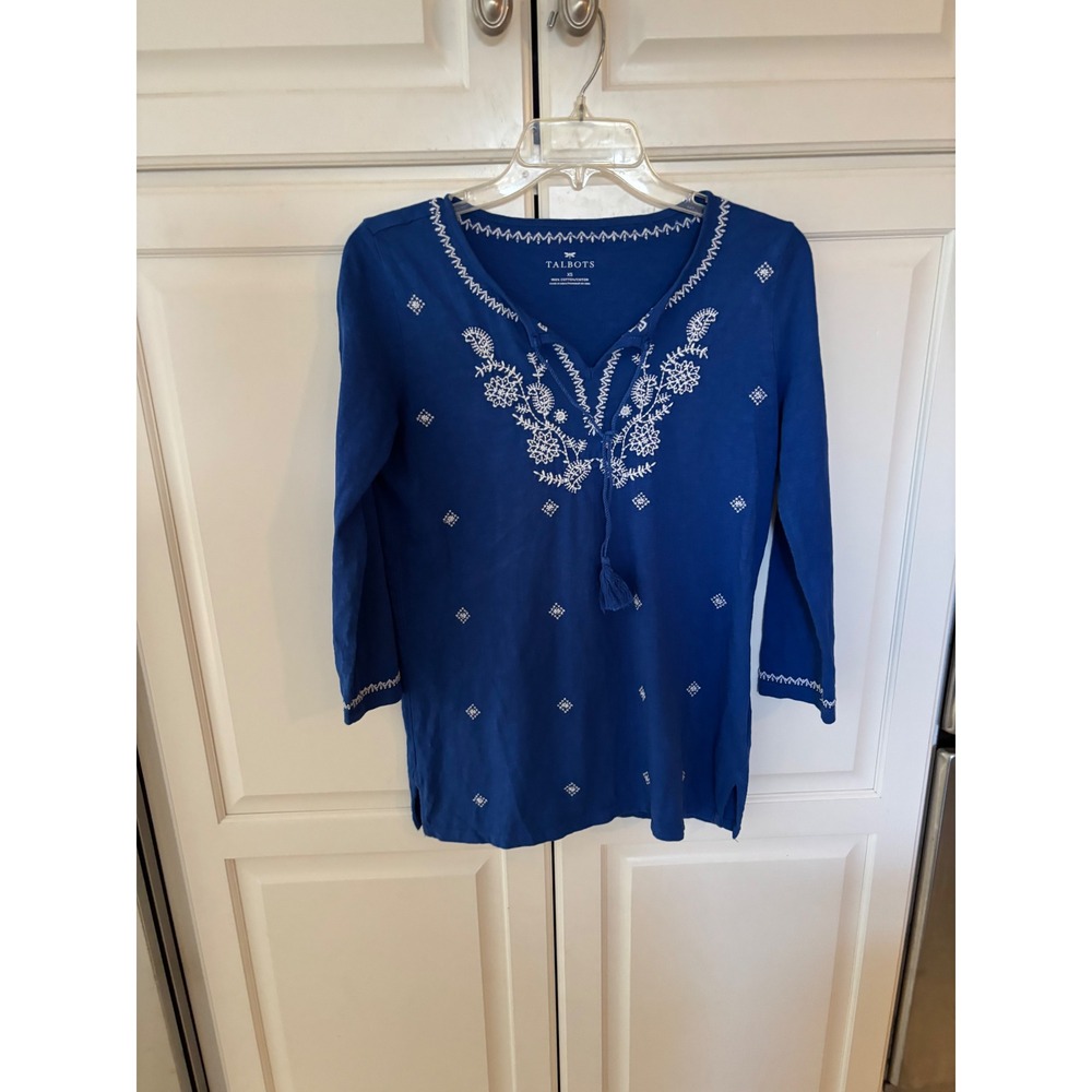 Talbots Blue Embroidered Cotton Slub Tunic Top Tassel Tie 3/4 Sleeve Womens XS